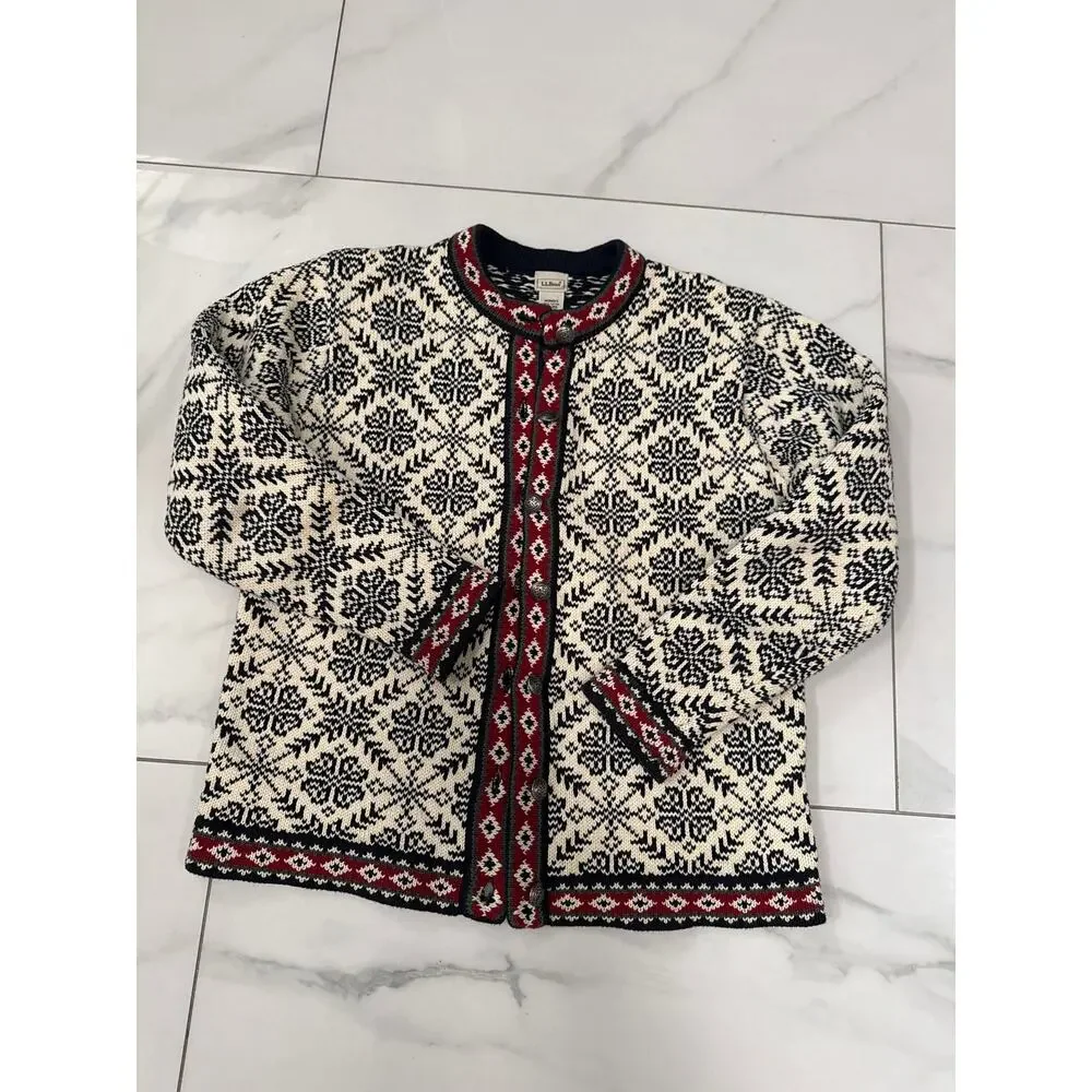 Vintage L.L.Bean 100% cotton Nordic Fair Isle cardigan sweater size M - Picture 12 of 12